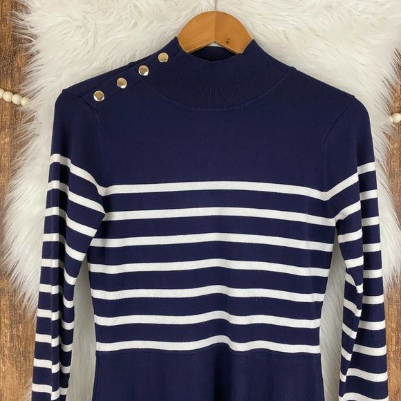 Eliza J | Stripe Mock Neck Fit & Flare Dress Navy Medium - Picture 2 of 7